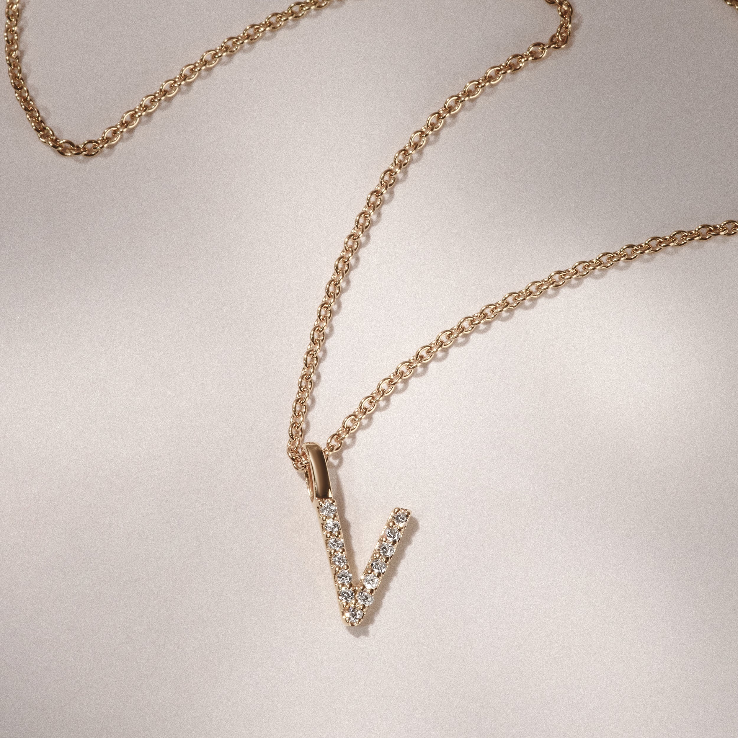 Love Letter Initial V Lab Diamond Necklace set in 9K Yellow Gold
